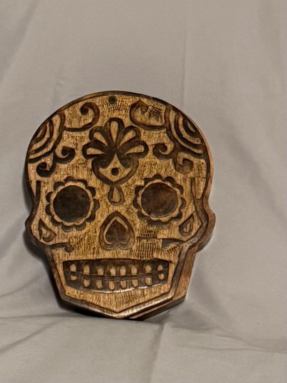 Hand-Carved Brown Decorative Sugar Skull Trinket Box